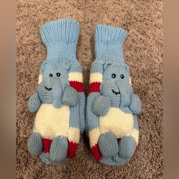 Youth Knit Hippo Character Mittens Blue Red Striped Winter Warm Gloves - Picture 2 of 3